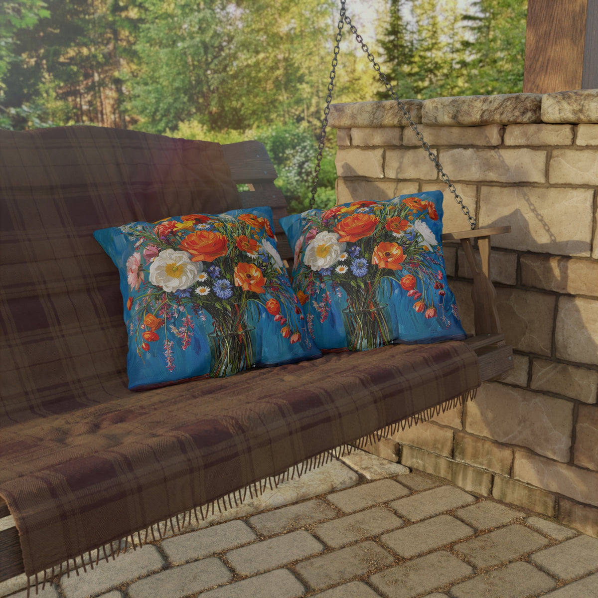 Blossoms on Blue Square Outdoor Pillow - Spun Polyester - Double-Sided Print - UV-Resistant - Water-Resistant - Available in 3 sizes.