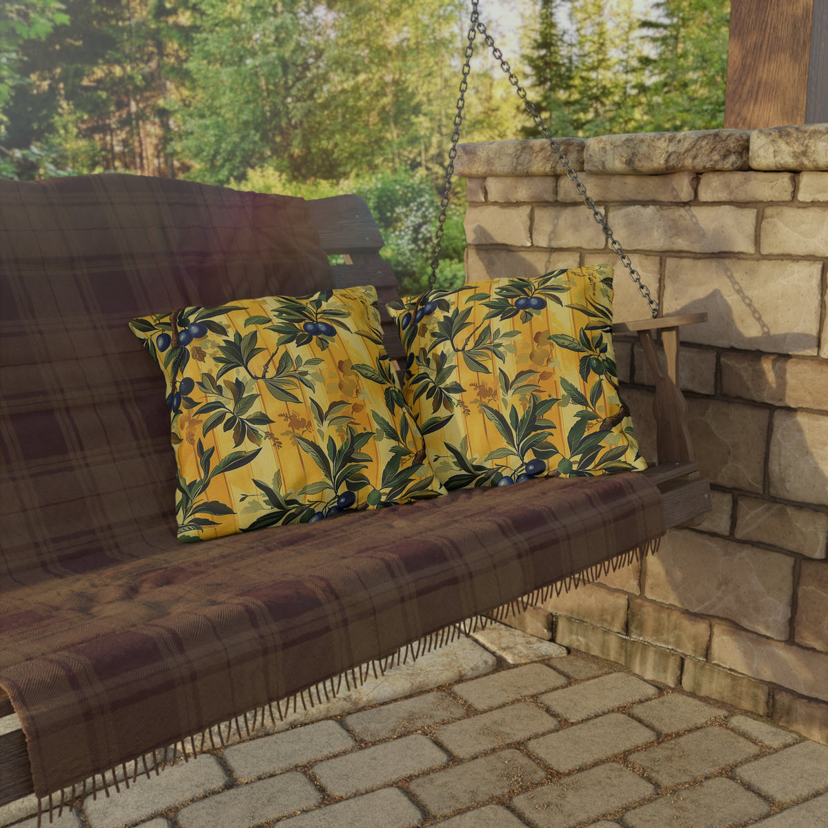 Olives & Sunshine Delight Square Outdoor Pillow - Double-Sided Print - UV-Resistant - Water Resistant - Available in 3 sizes.