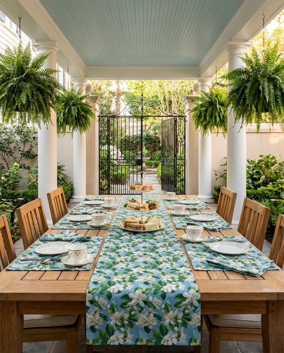 Jasmine Whisper placemat styled with the matching table runner and napkins