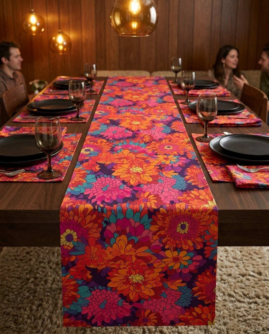 On Fire Flower Power placemat styled with the matching table runner and napkins