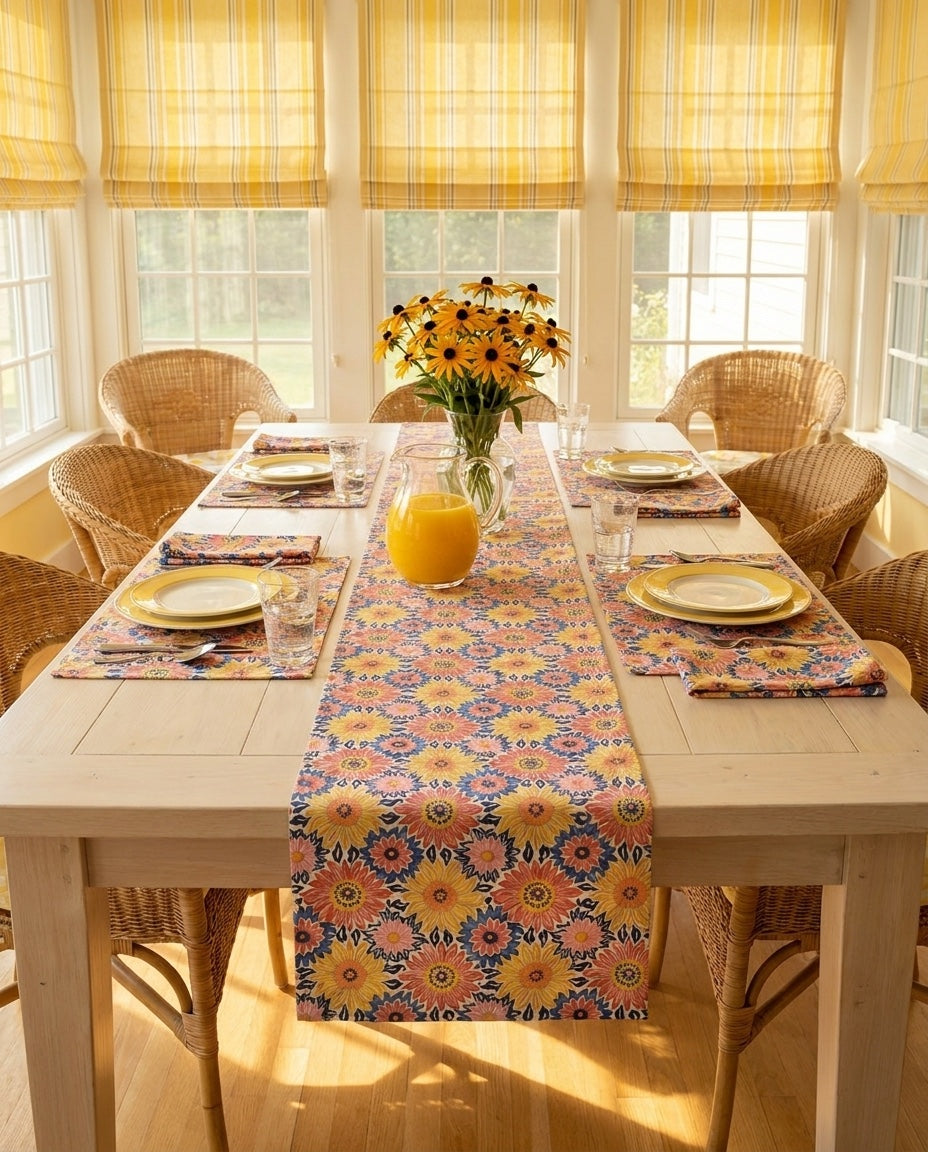 Sunsplash Petals placemat styled with the matching table runner and napkins