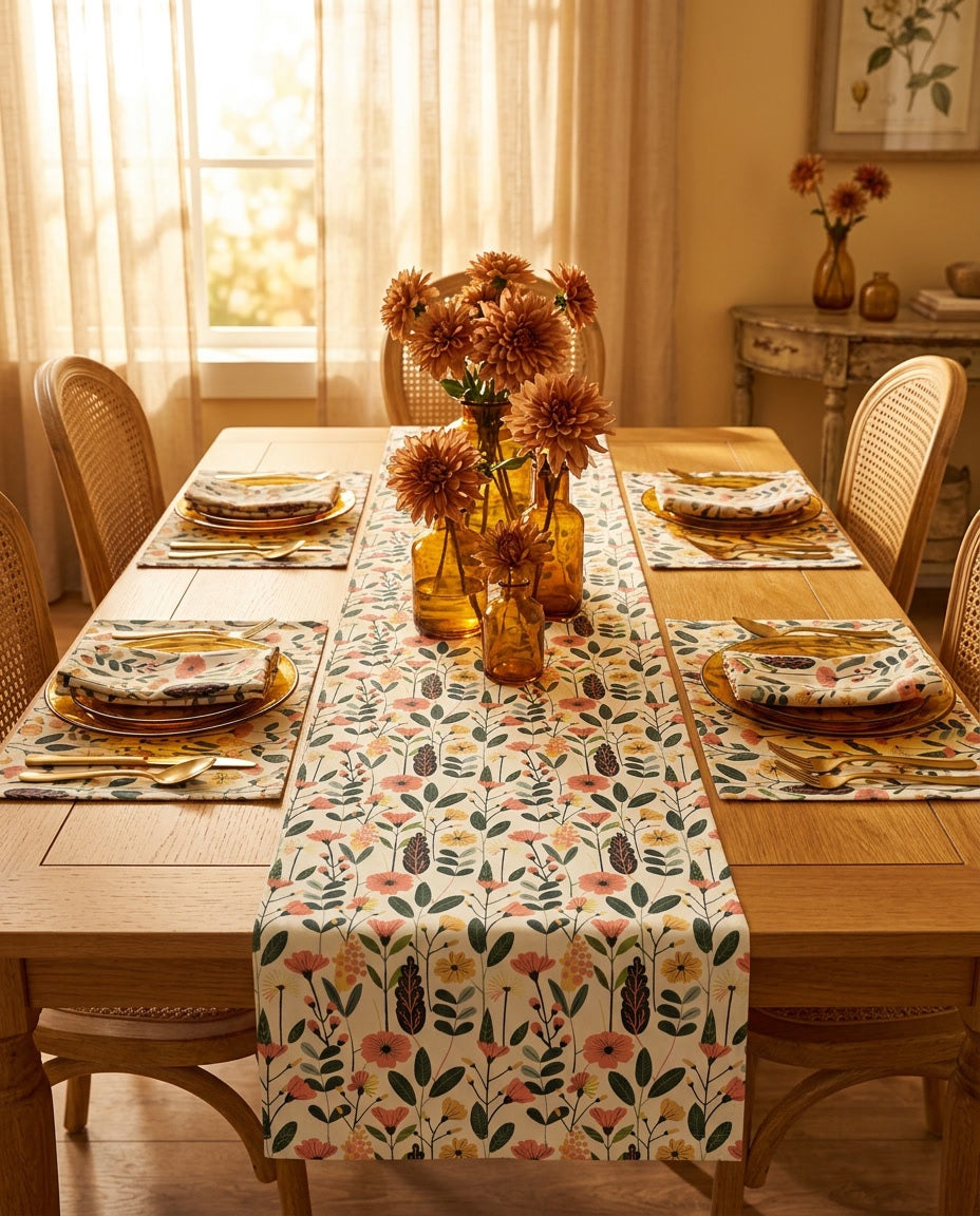 Autumn Bloom Delight placemat styled with the matching table runner and napkins