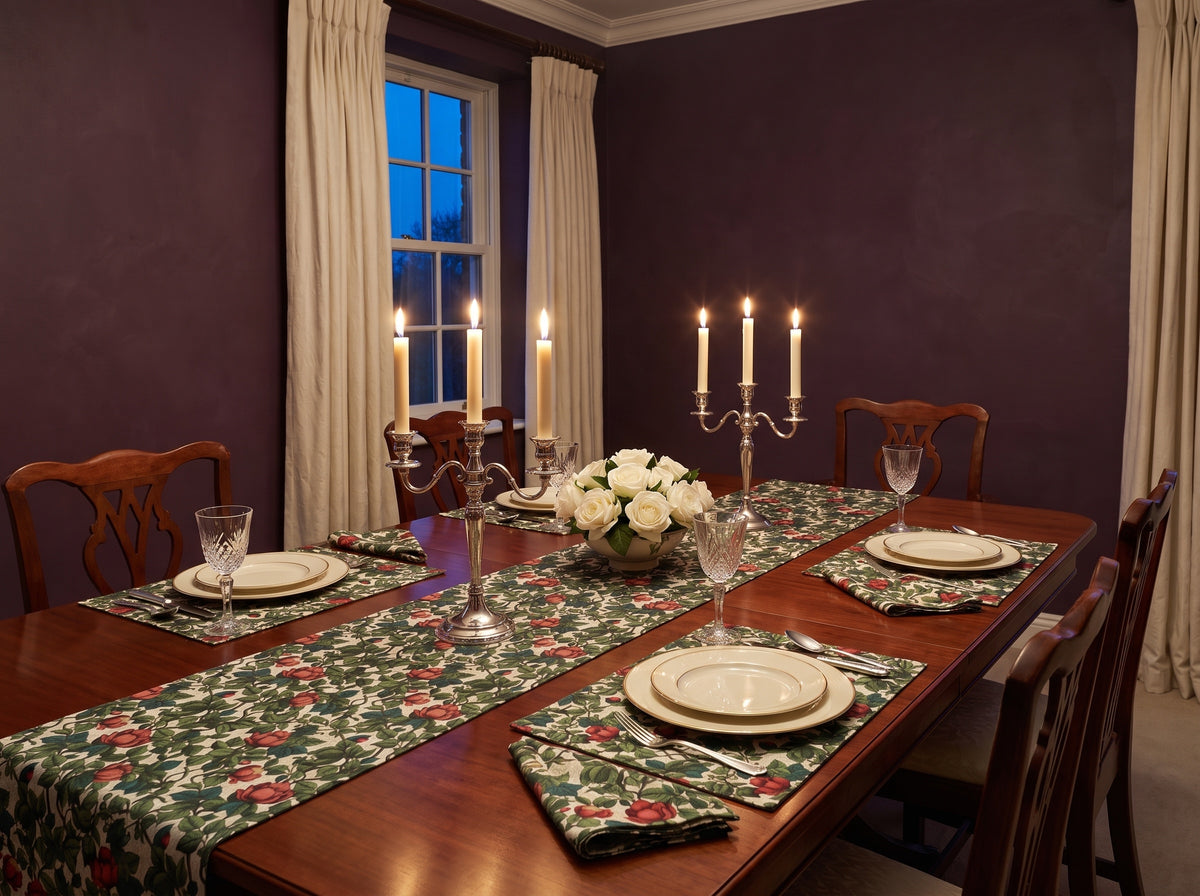 Classic Red Rose & Vine placemat styled with the matching table runner and napkins