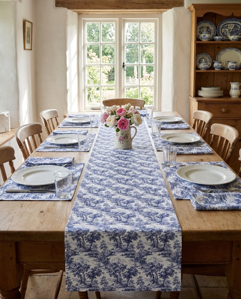 Blue & White English Countryside napkins styled with the matching placemats and table runner