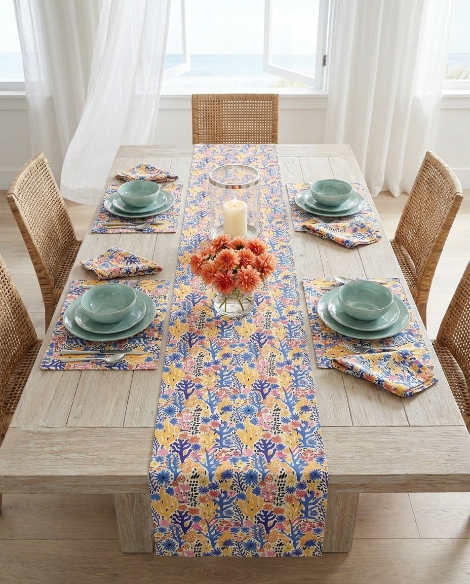 Coral Bloom Harmony placemat styled with the matching table runner and napkins