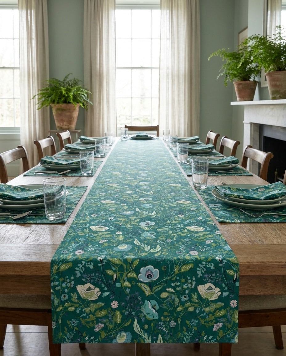 Serene Green Floral placemat styled with the matching table runner and napkins