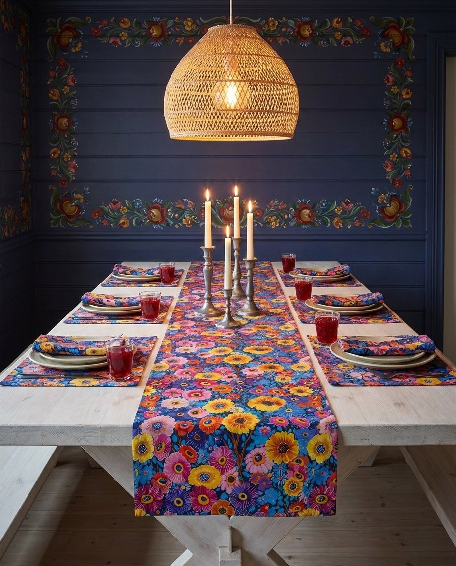 Midnight Garden Whimsy napkins styled with the matching placemats and table runner