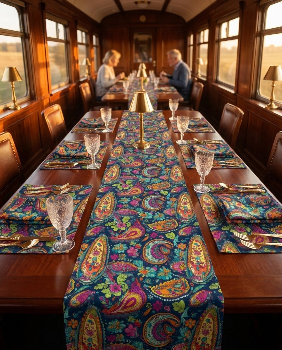 Psychedelic Paisley Party napkins styled with the matching placemats and table runner