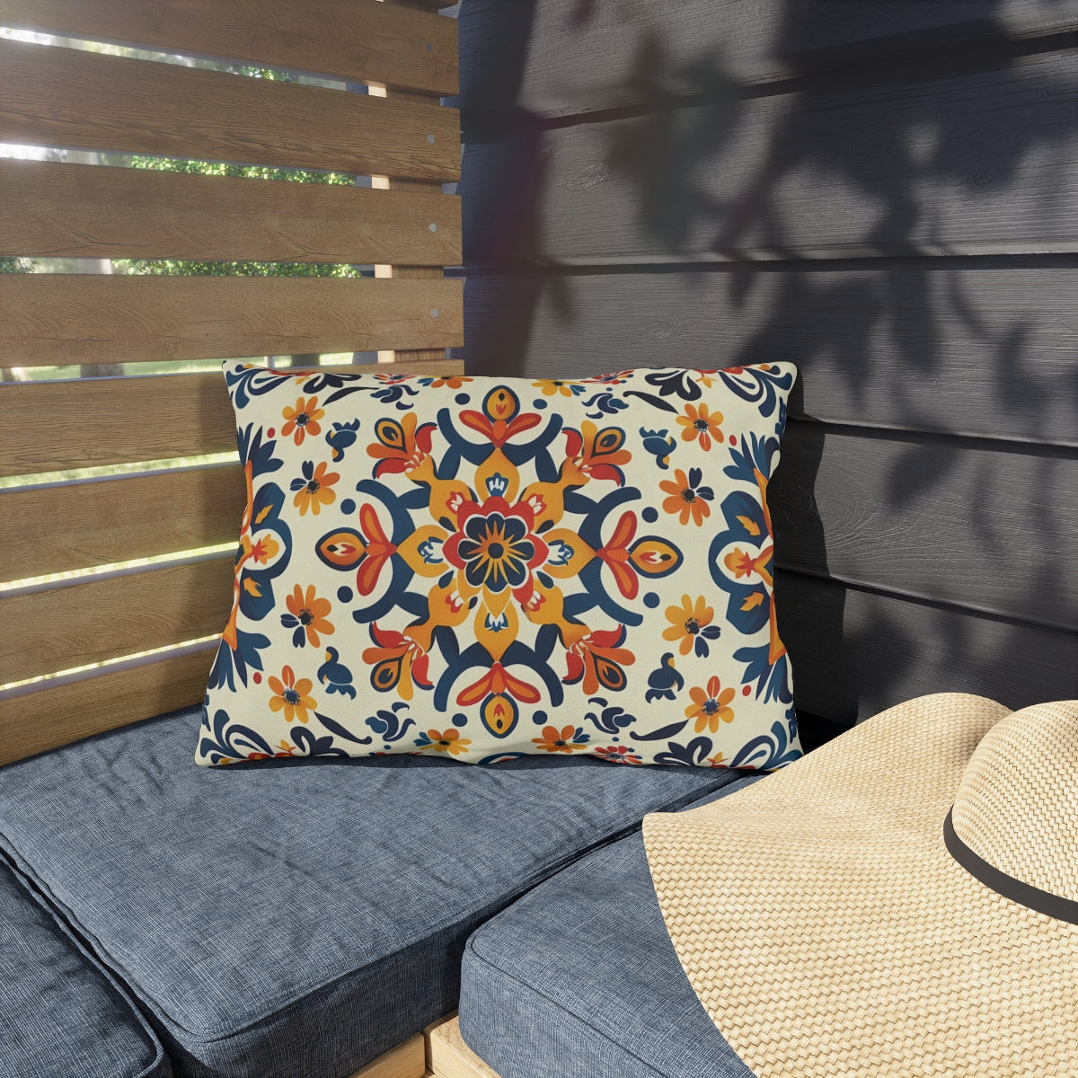 Sevilla Sunburst outdoor lumbar pillow close-up