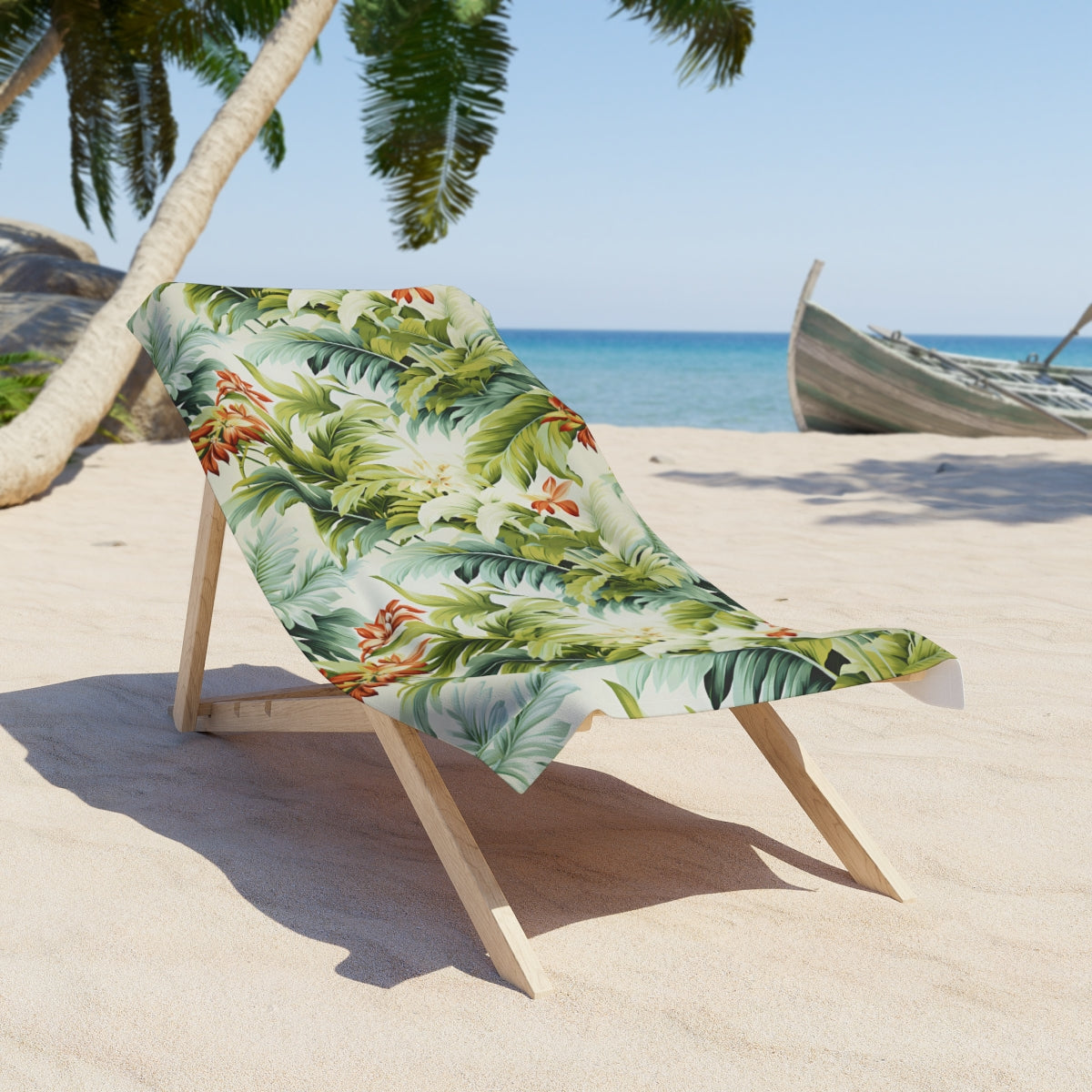 Tropical St. Lucia Palms beach towel 30 x 60 on a beach chair