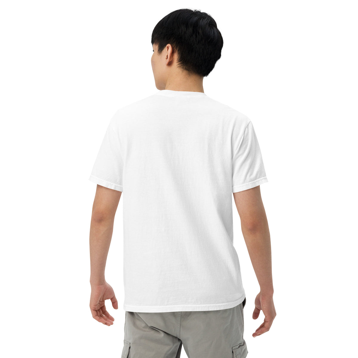 Bliss Road Studios embroidered tee, back view, white, showing the relaxed unisex fit
