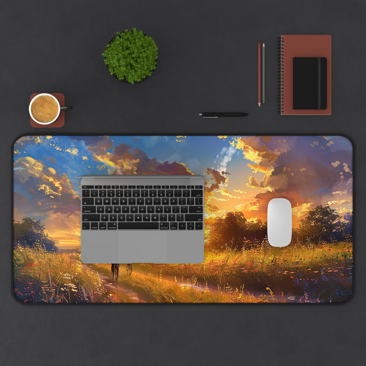 Golden Sunset Ride Desk Mat (Desk Pad) - Pedal Through Paradise with Every Task! Available in 3 sizes.