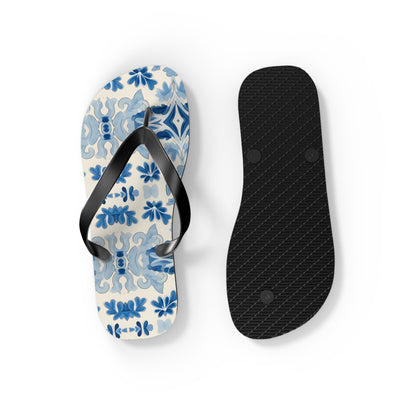 Blue Spanish Tile Flip Flops. 5/8" Thick Comfortable Summer or Winter Gym/Sauna Footwear for Men and Women.