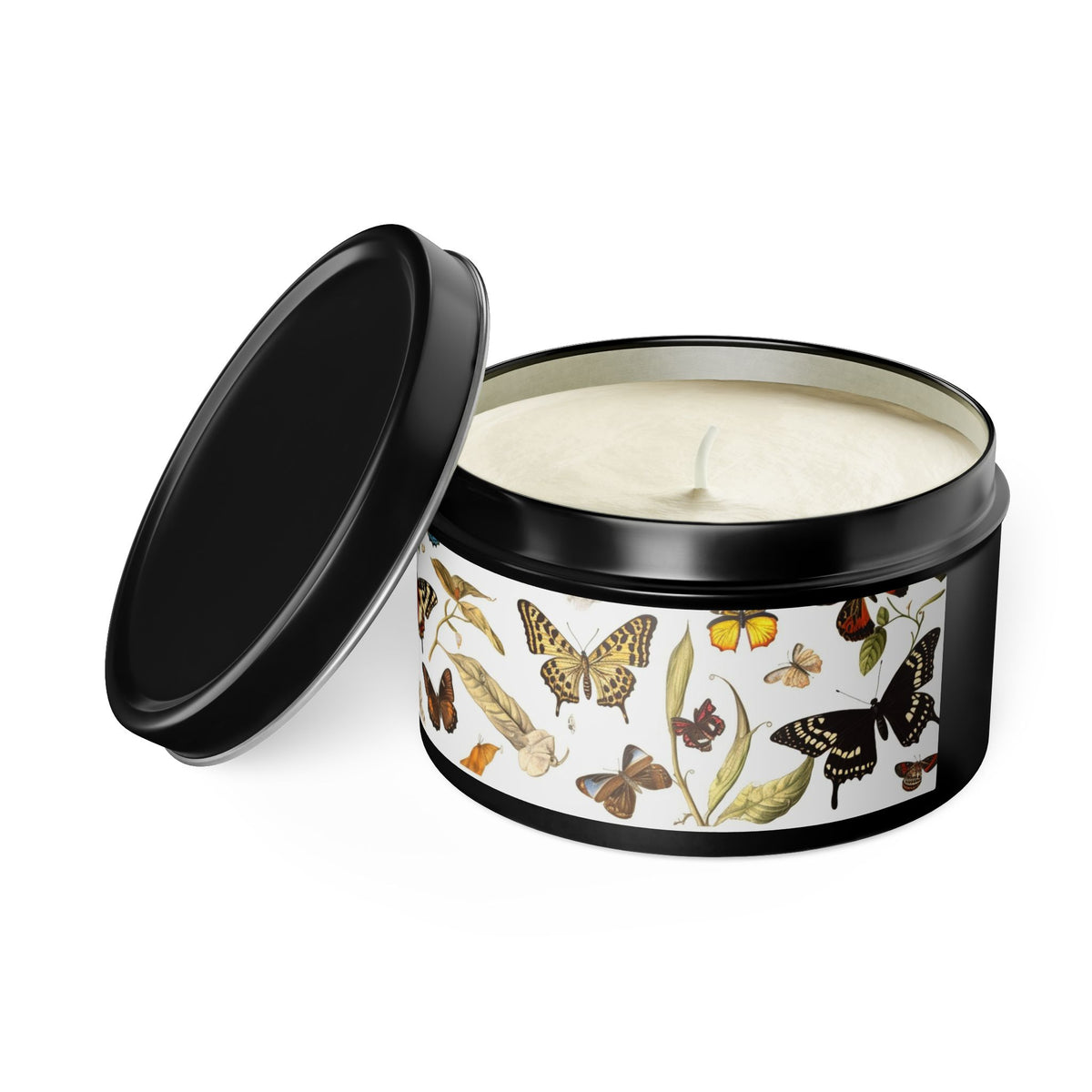 Botanical Butterflies Tin Candle. Flutter into Serenity with Botanical Butterflies. Available in 2 sizes, 3 finishes, and 5 scents.