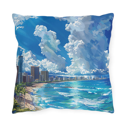 Waikiki Beach Square Outdoor Pillow - Spun Polyester - Double-Sided Print - UV-Resistant - Water-Resistant - Available in 3 sizes.
