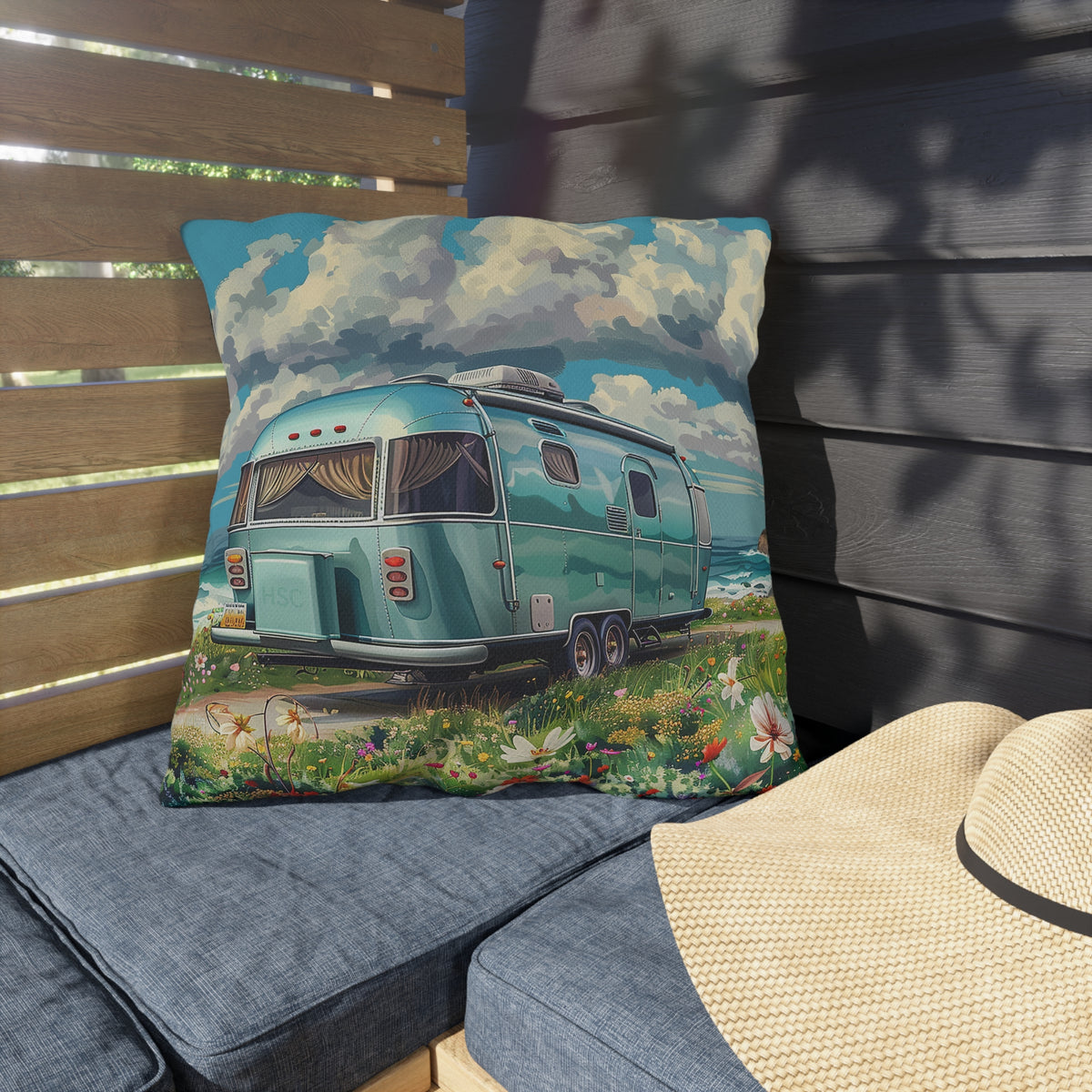 Retro Beach Bliss Square Outdoor Pillow - Spun Polyester - Double-Sided Print - UV-Resistant - Water-Resistant - Available in 3 sizes.