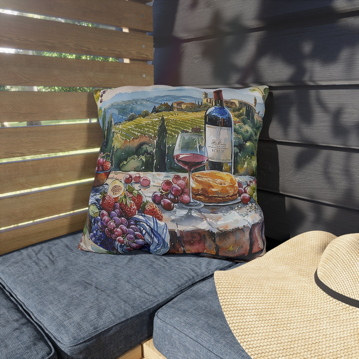 Tuscan Vineyard Vignette Square Outdoor Pillow - Spun Polyester - Double-Sided Print - UV-Resistant - Water-Resistant - Available in 3 sizes.