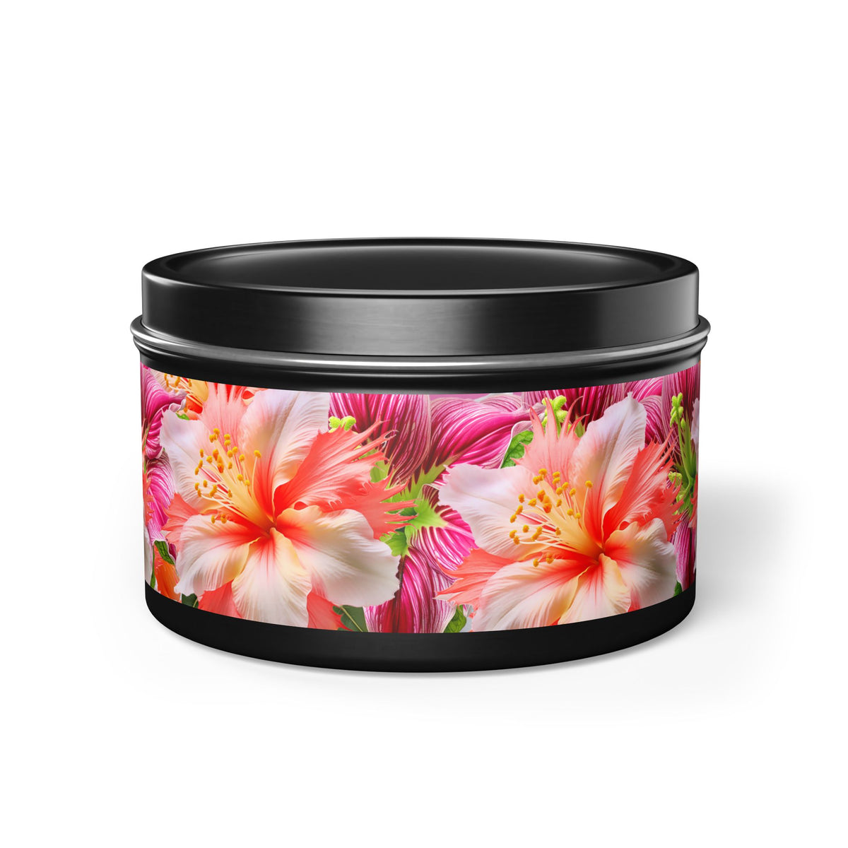 Tropical Hibiscus Bloom Tin Candle. Breathe in Paradise - Where Every Flame Dances with Floral Harmony. Available in 2 sizes, 3 finishes, and 5 scents.