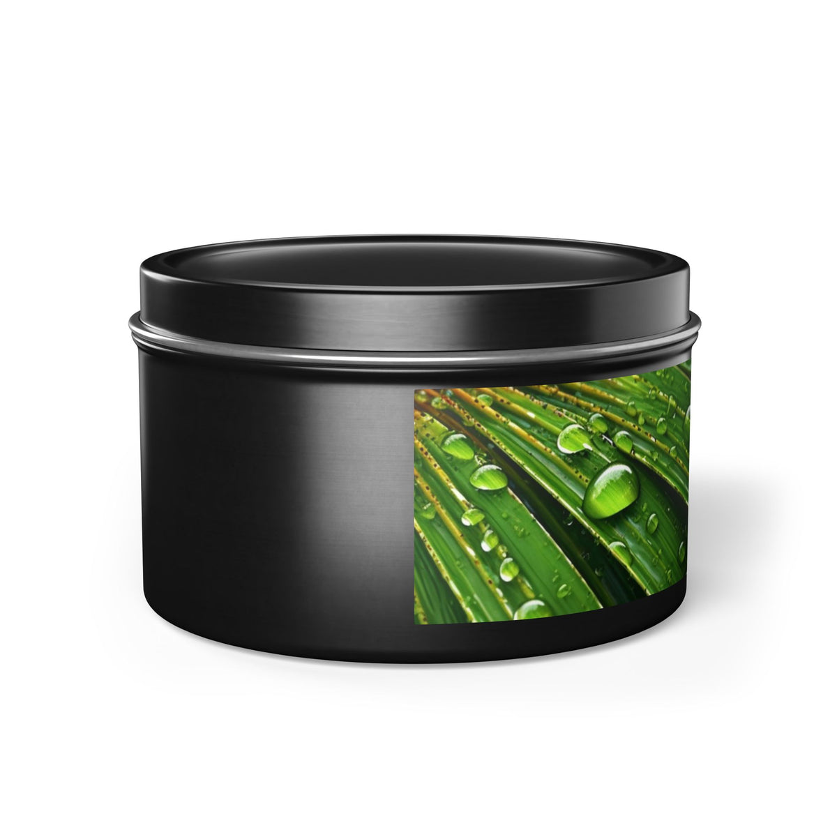 Tranquility Palm Tin Candle. Serenity in Every Spark - Embrace Nature's Calm. Available in 2 sizes, 3 finishes, and 5 scents.