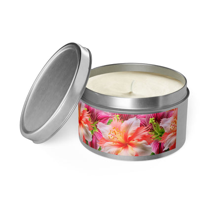 Tropical Hibiscus Bloom Tin Candle. Breathe in Paradise - Where Every Flame Dances with Floral Harmony. Available in 2 sizes, 3 finishes, and 5 scents.