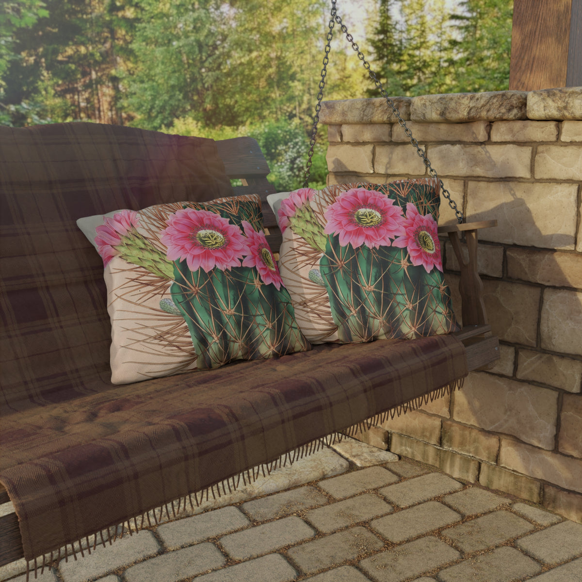 Blooming Cactus Square Outdoor Pillow - Spun Polyester - Double-Sided Print - UV-Resistant - Water-Resistant - Available in 3 sizes.