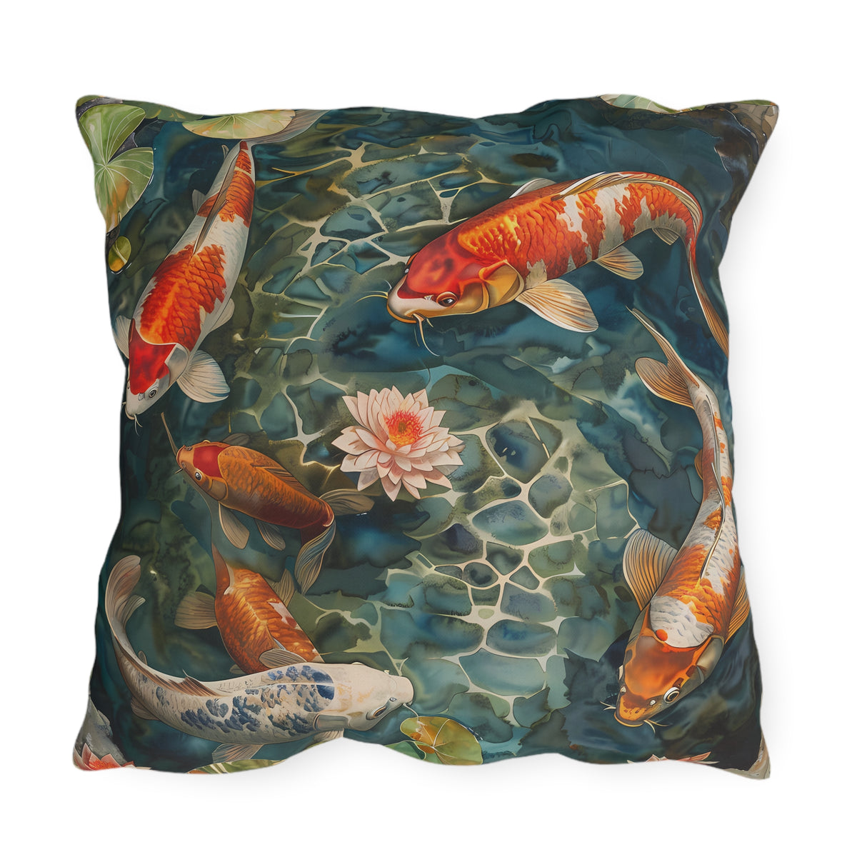 Tranquil Koi Oasis Square Outdoor Pillow - Spun Polyester - Double-Sided Print - UV-Resistant - Water-Resistant - Available in 3 sizes.