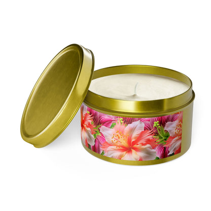 Tropical Hibiscus Bloom Tin Candle. Breathe in Paradise - Where Every Flame Dances with Floral Harmony. Available in 2 sizes, 3 finishes, and 5 scents.