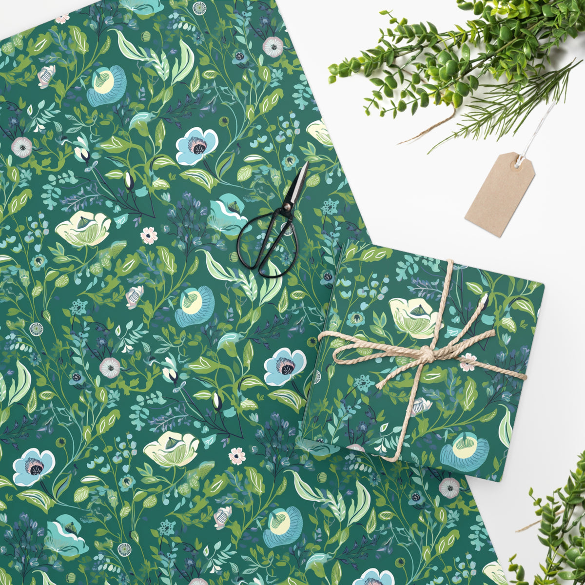 Serene Green Floral Wrapping Paper - The Epitome of Elegance and Class in Gift-Giving. Bring Serene Green to Your Gift! Available in 2 sizes: 24" x 36" and 24" x 60"