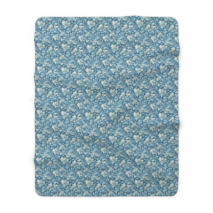 Soft Blue Leaf Tapestry Sherpa Fleece Blanket - Antique Charm, Modern Warmth: Snuggle Up with Soft Blue Leaf Tapestry! Available in 2 sizes.