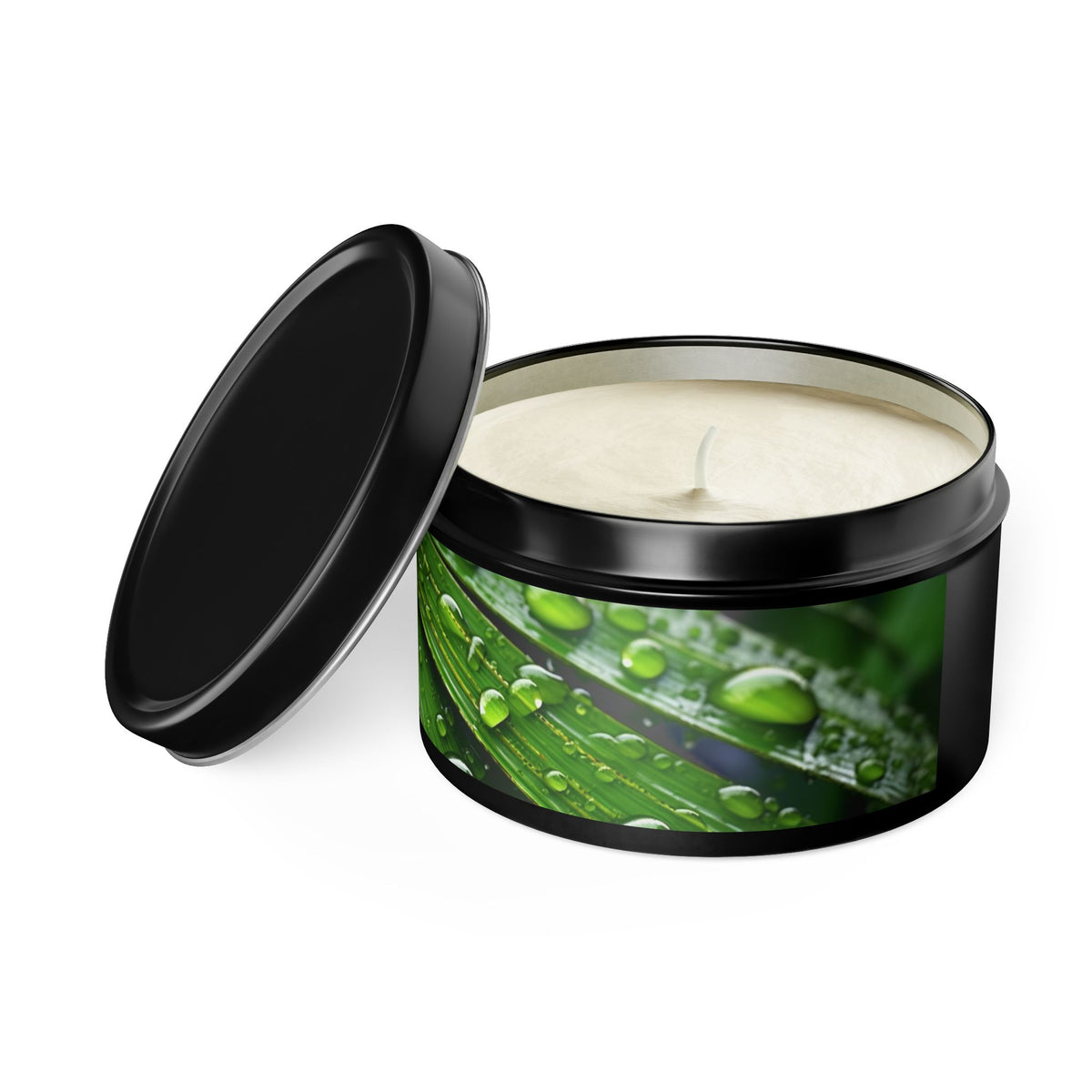 Tranquility Palm Tin Candle. Serenity in Every Spark - Embrace Nature's Calm. Available in 2 sizes, 3 finishes, and 5 scents.