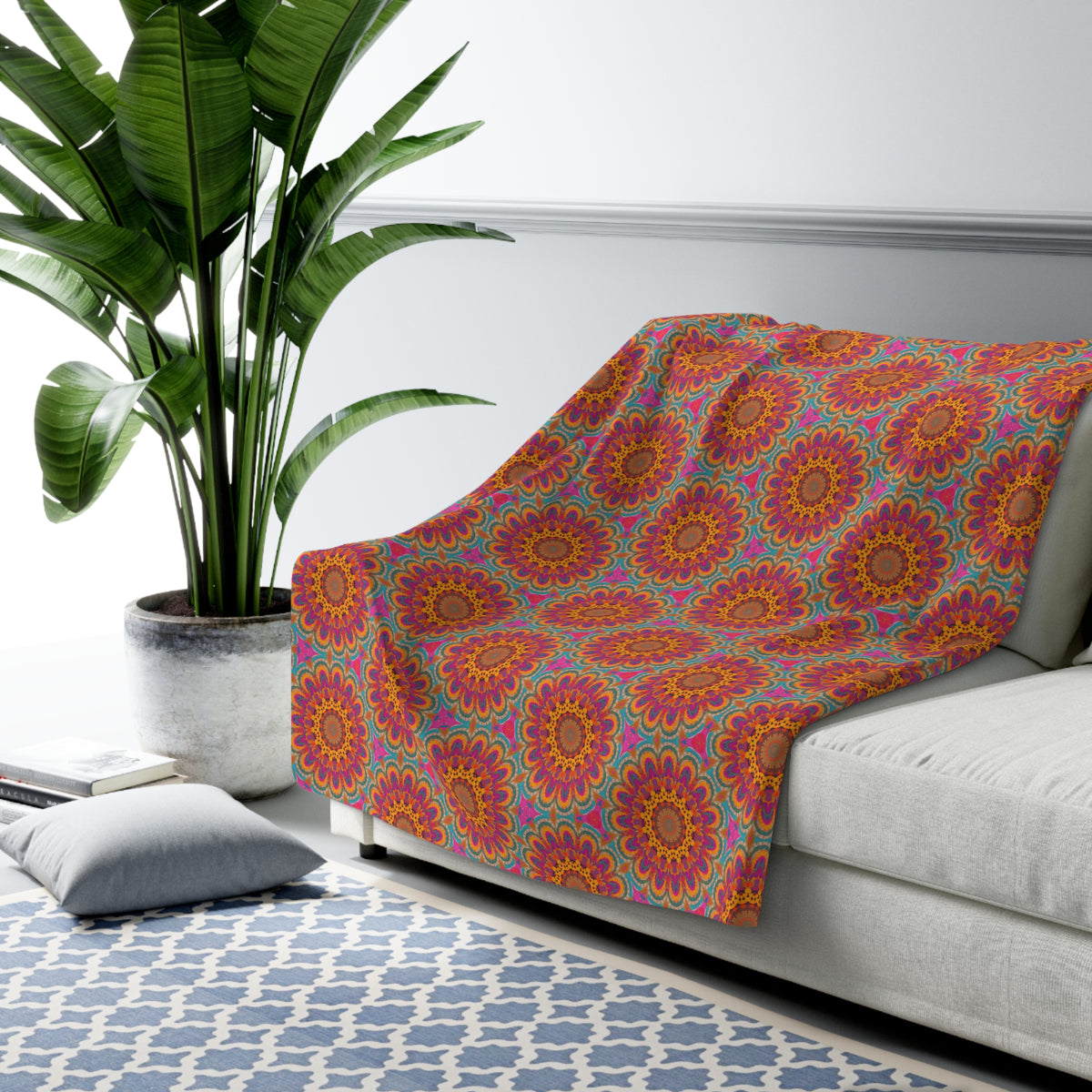 Bohemian Floral Medley Sherpa Fleece Blanket - Embrace Boho Chic with Every Snuggle! Available in 2 sizes.