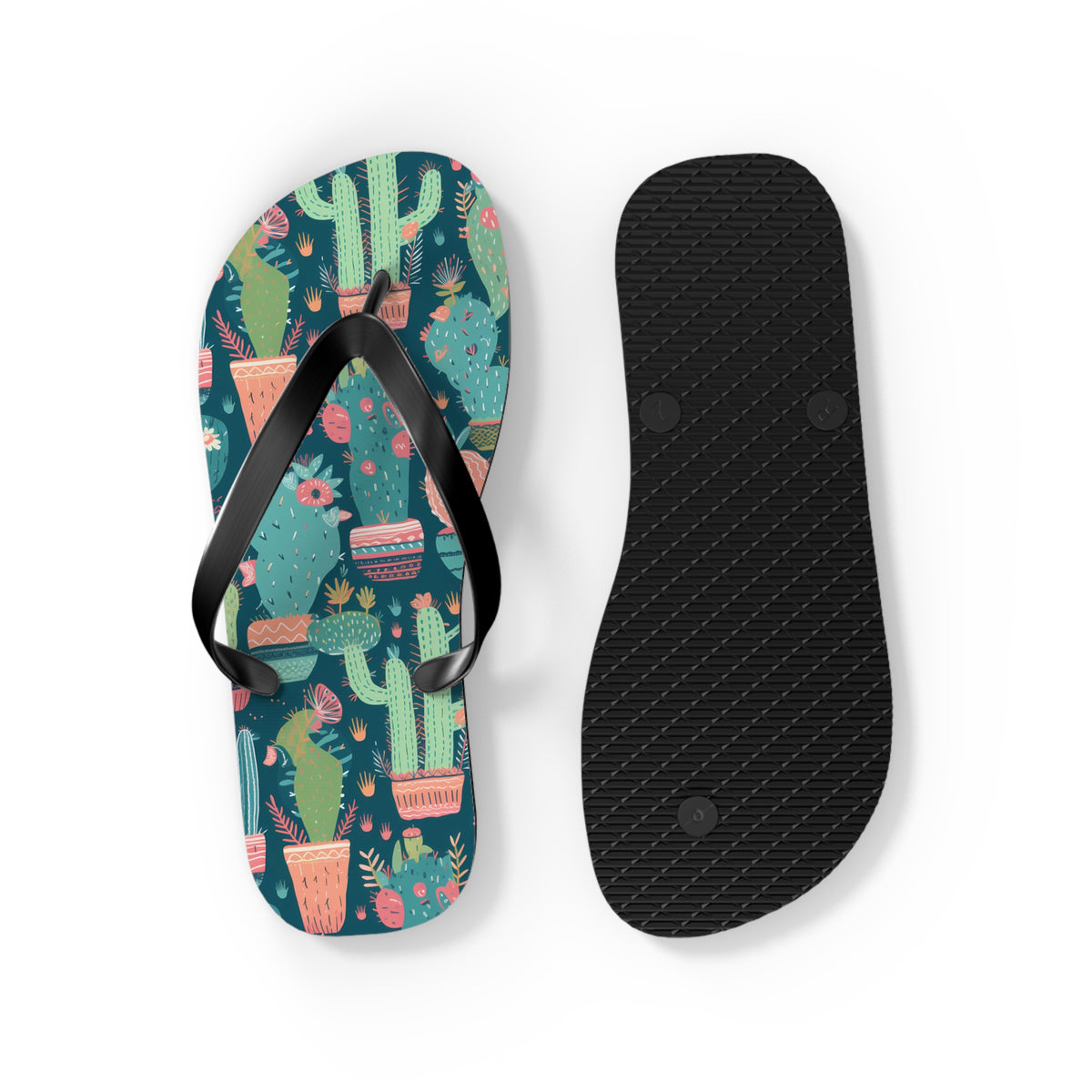 Cactus Cacophany Flip Flops. 5/8" Thick Comfortable Summer or Winter Gym/Sauna Footwear for Men and Women. Bring Fun Cactus-inspired Artwork into Your Life!