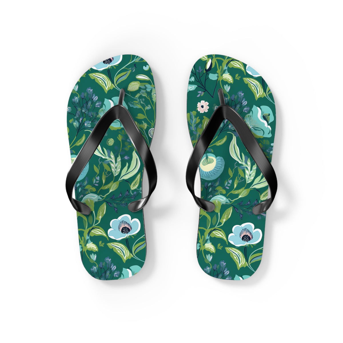 Serene Green Floral Flip Flops. 5/8" Thick Comfortable Summer Beach Footwear or Winter Gym/Sauna Footwear for Men and Women.