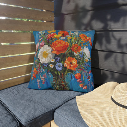 Blossoms on Blue Square Outdoor Pillow - Spun Polyester - Double-Sided Print - UV-Resistant - Water-Resistant - Available in 3 sizes.