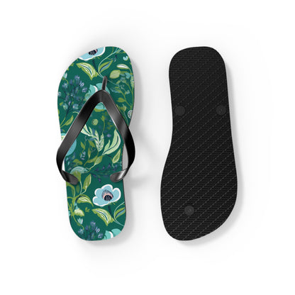 Serene Green Floral Flip Flops. 5/8" Thick Comfortable Summer Beach Footwear or Winter Gym/Sauna Footwear for Men and Women.