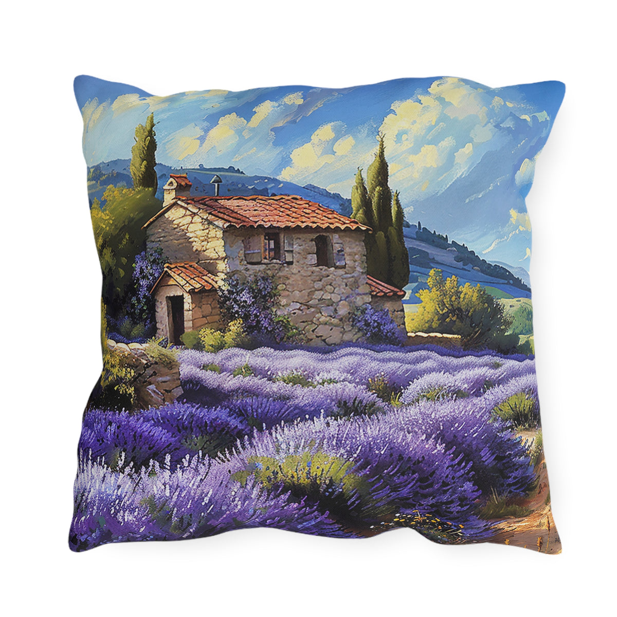 Tuscan Lavender Dreams Square Outdoor Pillow - Spun Polyester - Double-Sided Print - UV-Resistant - Water-Resistant - Available in 3 sizes.