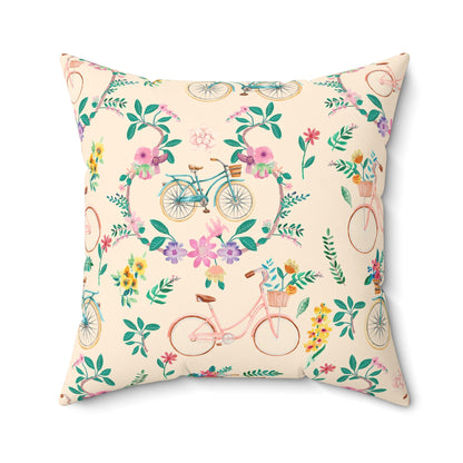 Spring Bicycle Square Throw Pillow - Spun Polyester - Double-Sided Print - Concealed Zipper - Available in 7 Sizes