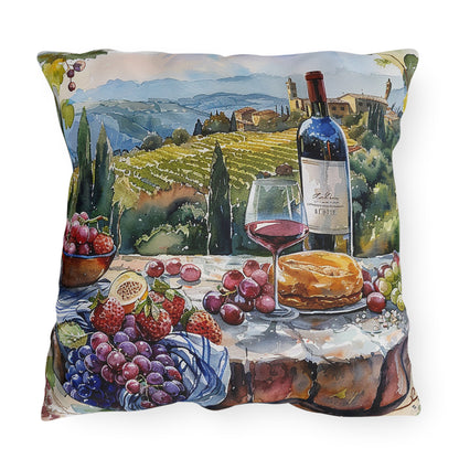 Tuscan Vineyard Vignette Square Outdoor Pillow - Spun Polyester - Double-Sided Print - UV-Resistant - Water-Resistant - Available in 3 sizes.