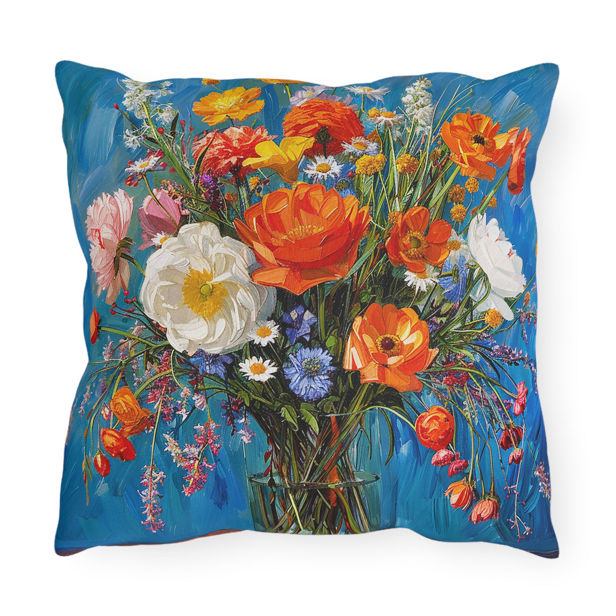 Blossoms on Blue Square Outdoor Pillow - Spun Polyester - Double-Sided Print - UV-Resistant - Water-Resistant - Available in 3 sizes.
