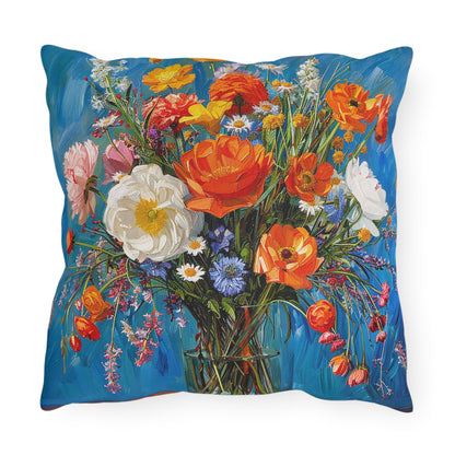 Blossoms on Blue Square Outdoor Pillow - Spun Polyester - Double-Sided Print - UV-Resistant - Water-Resistant - Available in 3 sizes.