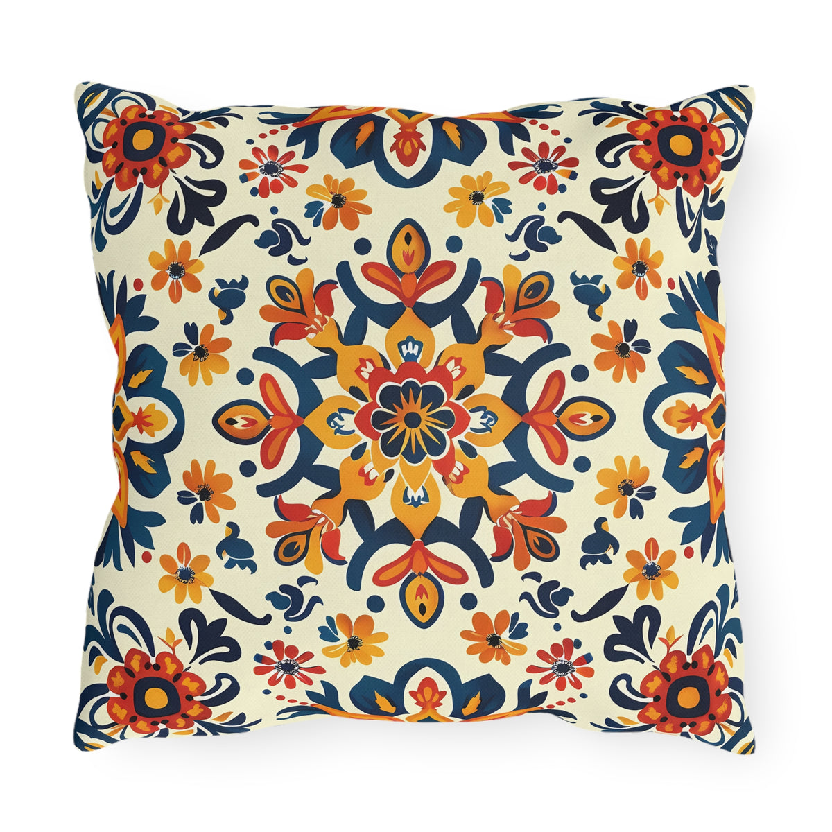 Sevilla Sunburst Square Outdoor Pillow - Spun Polyester - Double-Sided Print - UV-Resistant - Water-Resistant - Available in 3 sizes.