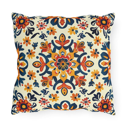Sevilla Sunburst Square Outdoor Pillow - Spun Polyester - Double-Sided Print - UV-Resistant - Water-Resistant - Available in 3 sizes.
