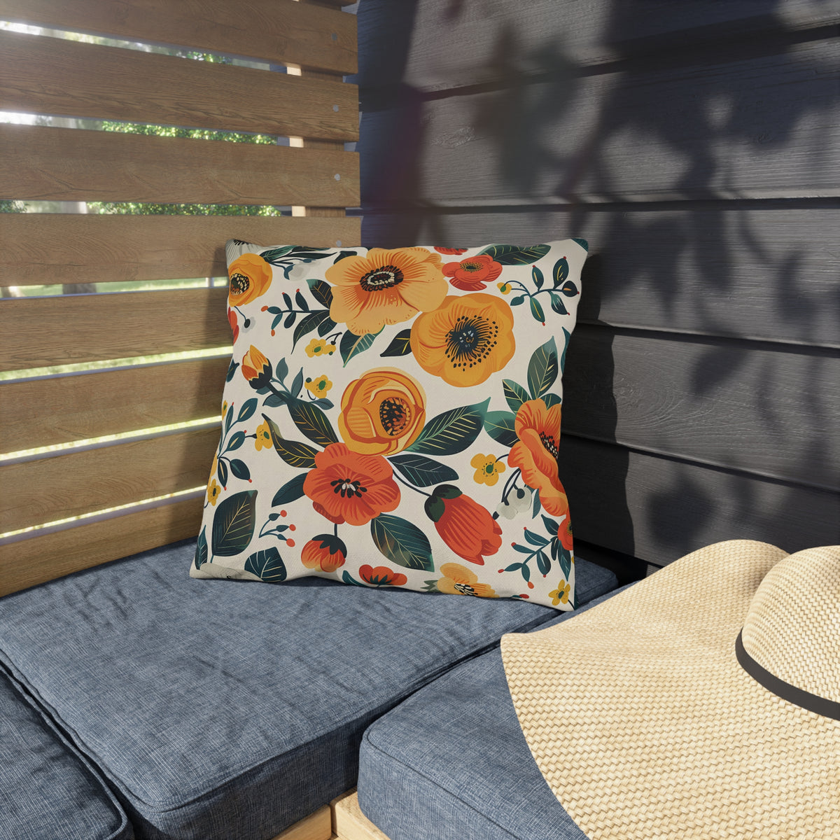 Golden Bloom Harmony Square Outdoor Pillow - Spun Polyester - Double-Sided Print - UV-Resistant - Water-Resistant - Available in 3 sizes.