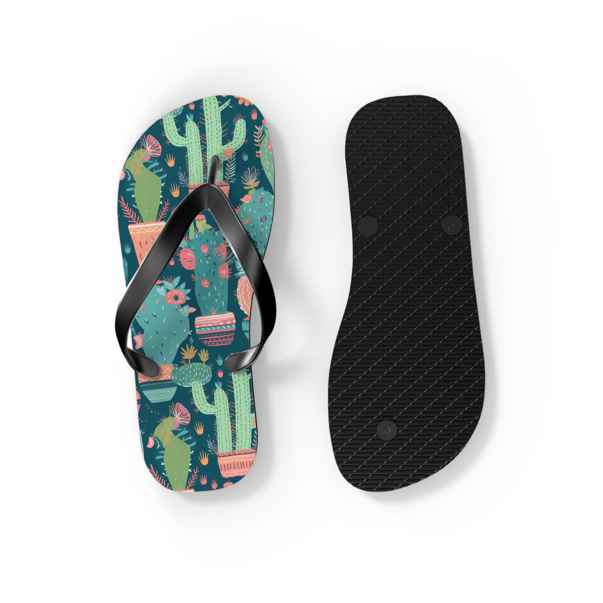Cactus Cacophany Flip Flops. 5/8" Thick Comfortable Summer or Winter Gym/Sauna Footwear for Men and Women. Bring Fun Cactus-inspired Artwork into Your Life!