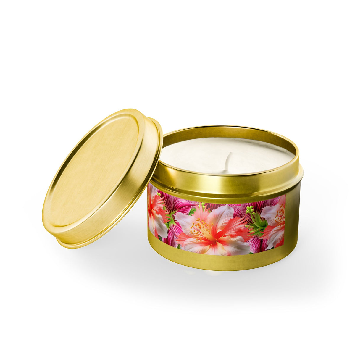 Tropical Hibiscus Bloom Tin Candle. Breathe in Paradise - Where Every Flame Dances with Floral Harmony. Available in 2 sizes, 3 finishes, and 5 scents.