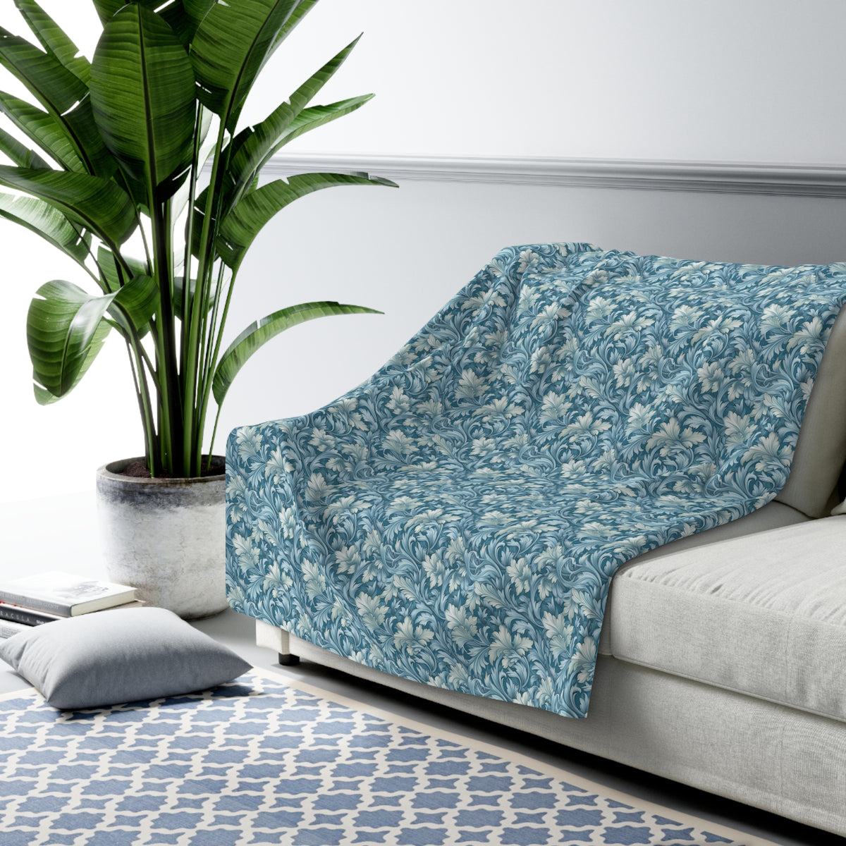 Soft Blue Leaf Tapestry Sherpa Fleece Blanket - Antique Charm, Modern Warmth: Snuggle Up with Soft Blue Leaf Tapestry! Available in 2 sizes.