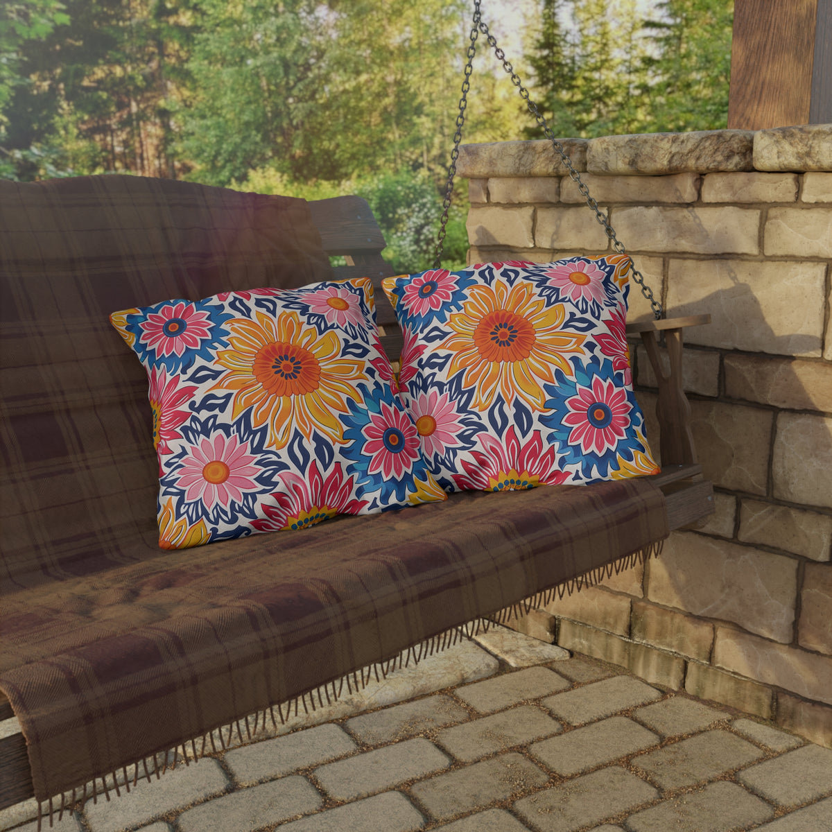 Sunsplash Petals Square Outdoor Pillow - Spun Polyester - Double-Sided Print - UV-Resistant - Water-Resistant - Available in 3 sizes.