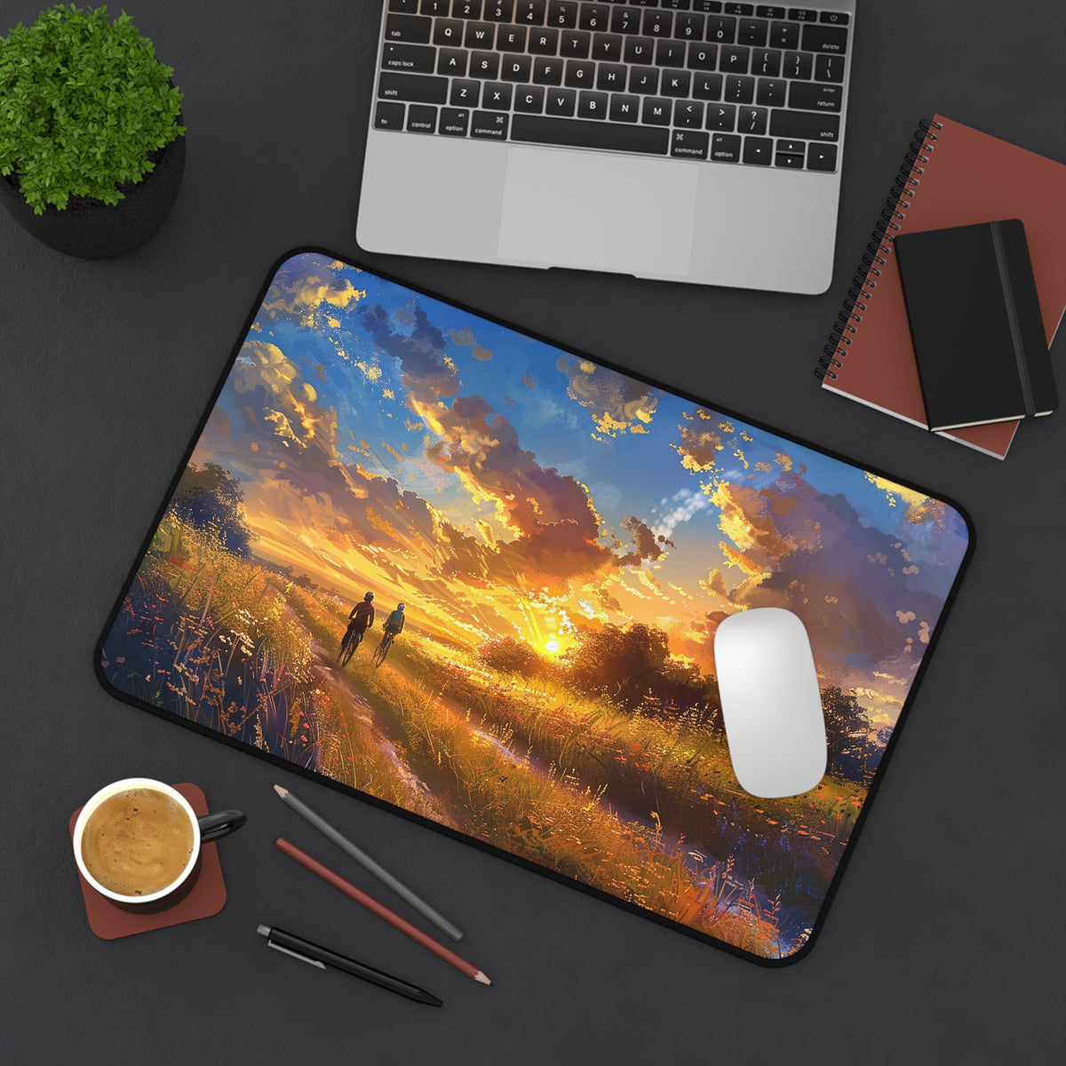 Golden Sunset Ride Desk Mat (Desk Pad) - Pedal Through Paradise with Every Task! Available in 3 sizes.