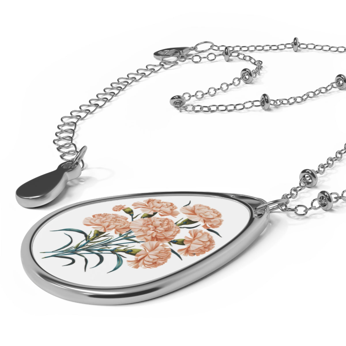 January Birth Month Flower - Carnation Oval Pendant Necklace - Floral Elegance to Celebrate Your Special Month!