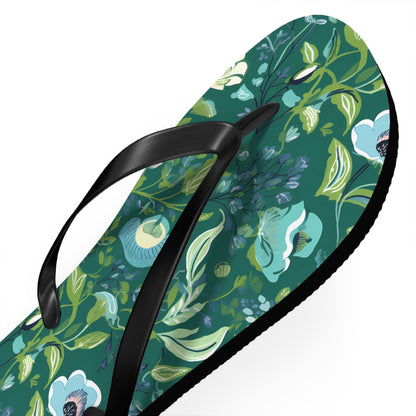Serene Green Floral Flip Flops. 5/8" Thick Comfortable Summer Beach Footwear or Winter Gym/Sauna Footwear for Men and Women.